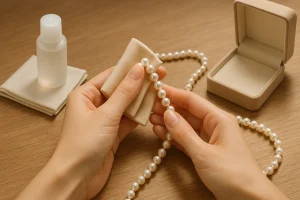 آموزش تمیز کردن و نگهداری گردنبند مرواریدی با پارچه نرم و محلول مخصوص برای حفظ درخشندگی و طول عمر