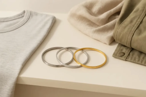 دستبندهای مینیمال استیل، نقره و طلا روی میز کنار لباسهای کژوال برای استایل روزمره