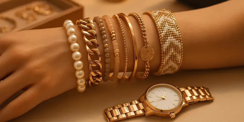 چند دستبند زنانه لایه‌ای طلایی و مرواریدی همراه ساعت طلایی روی مچ دست با نورپردازی گرم برای استایل روزمره و مهمانی